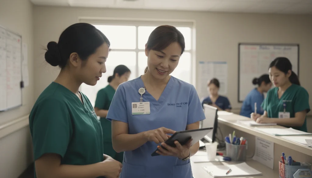 Assistant Director of Nursing mentoring nursing staff during shift change to support leadership stability in an SNF