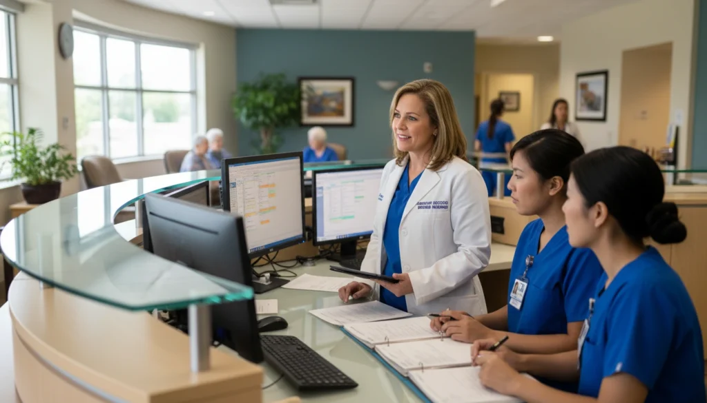 Assistant Director of Nursing reviewing resident care plans and guiding nursing staff in a skilled nursing facility