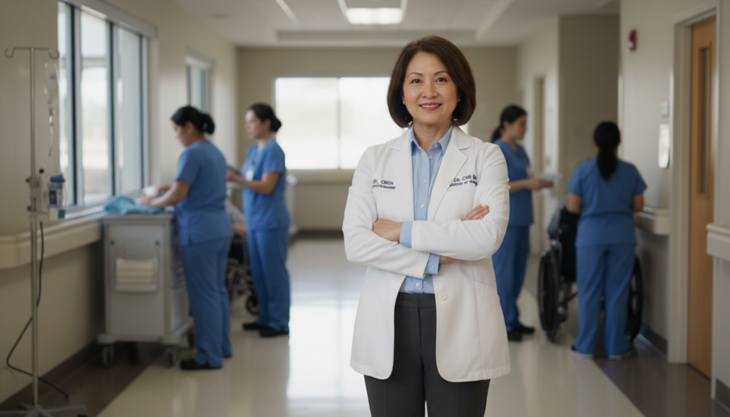 Director of Nursing leading clinical staff in a skilled nursing facility