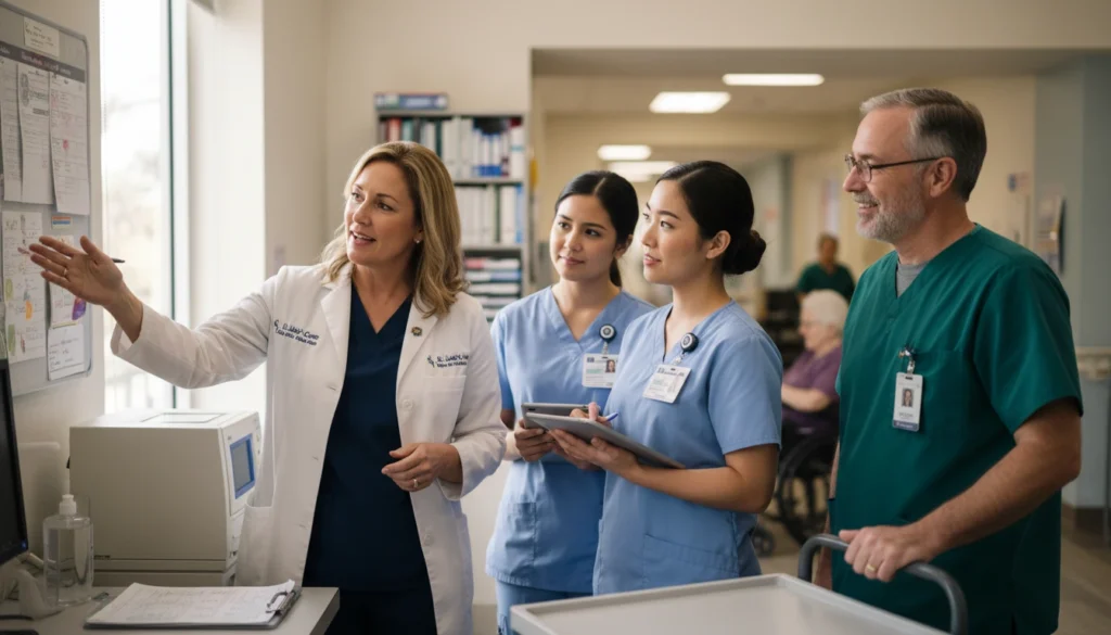 Director of Nursing mentoring nursing staff and providing leadership oversight in a skilled nursing facility