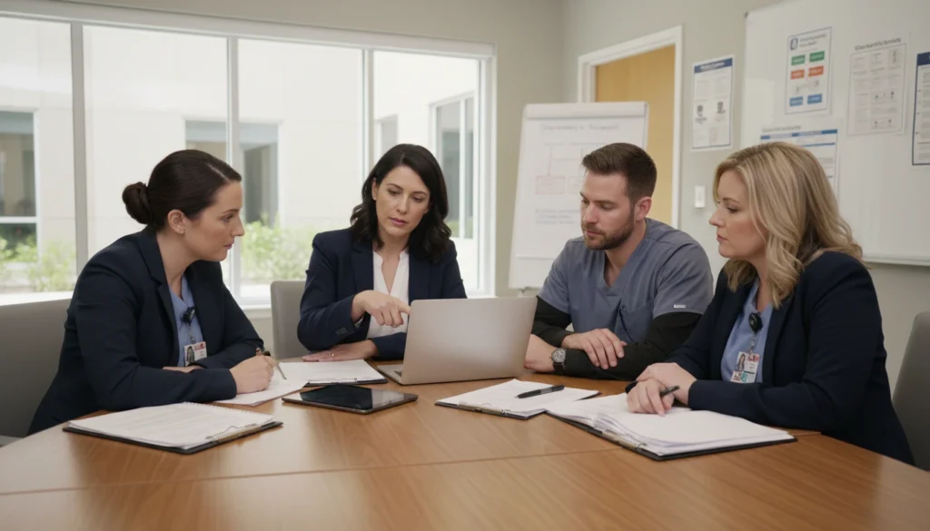 Skilled nursing facility leadership reviewing clinical governance and quality performance metrics