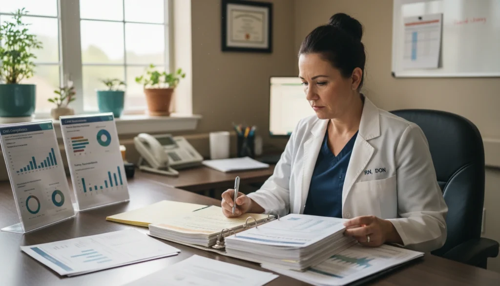 Director of Nursing reviewing CMS compliance documentation in a skilled nursing facility