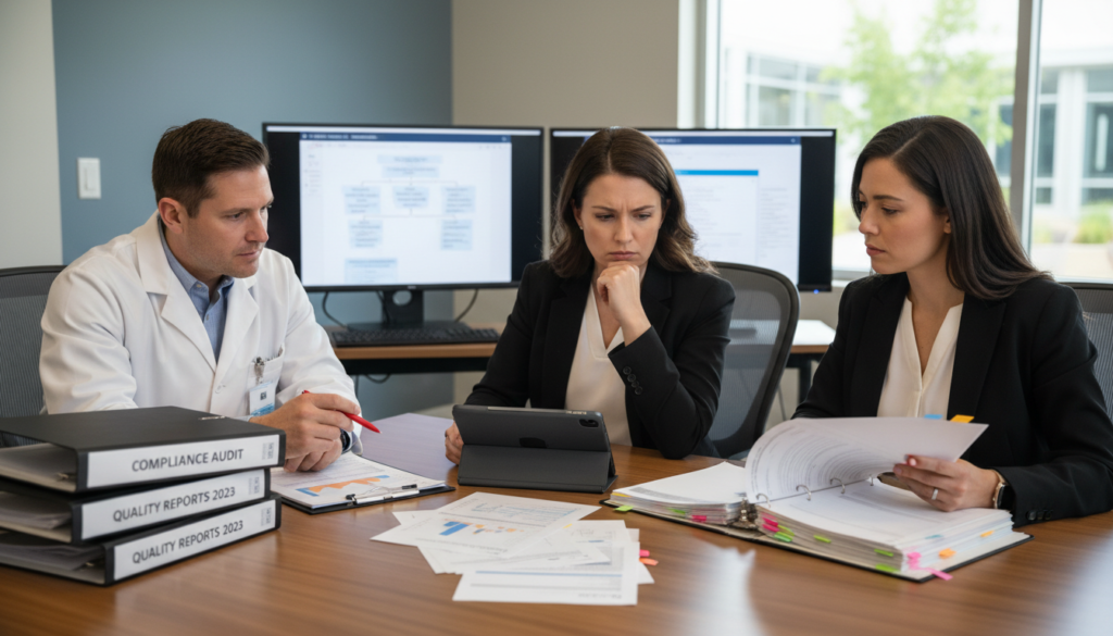 Clinical and administrative leadership reviewing compliance risks following Director of Nursing turnover in a skilled nursing facility