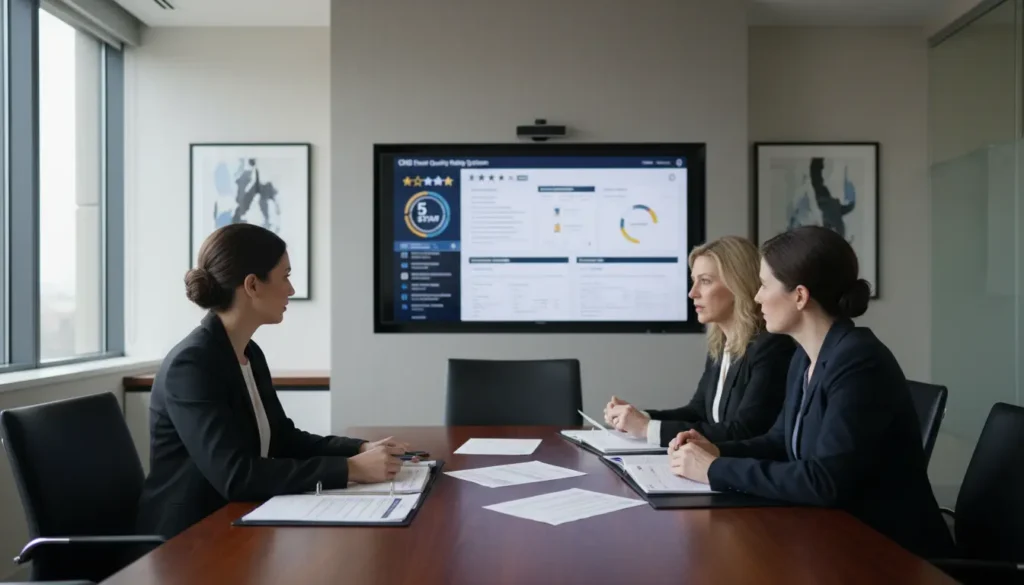 Skilled nursing facility leadership reviewing CMS star rating and compliance metrics