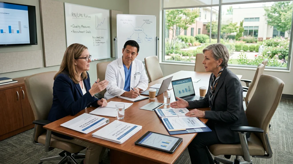 Healthcare leadership team discussing executive recruiting strategy in a skilled nursing facility