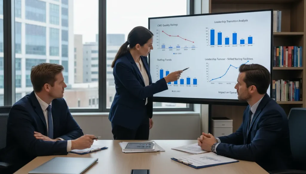 Healthcare executives analyzing leadership turnover impact on CMS ratings and workforce stability in a skilled nursing facility