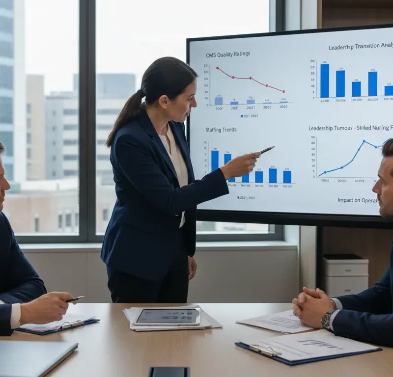 Healthcare executives analyzing leadership turnover impact on CMS ratings and workforce stability in a skilled nursing facility
