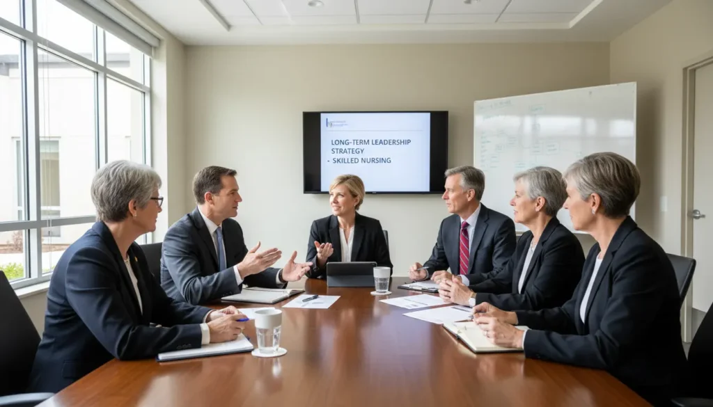 Senior healthcare executives discussing relationship-based executive search strategy for skilled nursing leadership placement